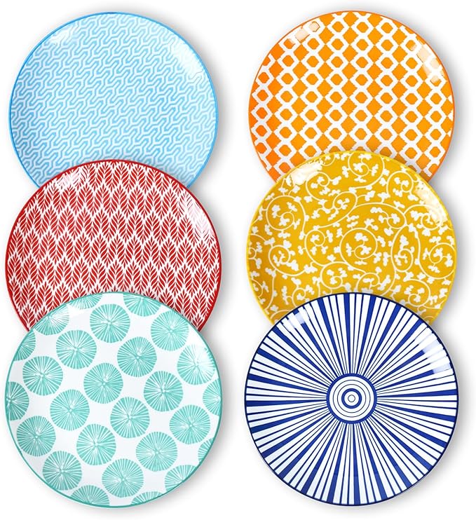 Selamica Ceramic Dessert Plates, 7 Inch Small Plates, Appetizer Plates for Kitchen, Set of 6, Microwave Dishwasher Safe, Assorted Colors