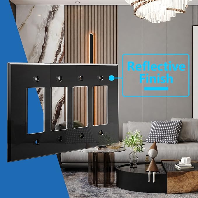 LIDER Reflective Acrylic Decorator Wall Plate, Mirrored Light Switch Plate, Plexiglass Outlet Cover, Acrylic Glass, Oversized 4-Gang 5.25" x 8.88", LWP-34O-ABK5P, Black, 5 Pack