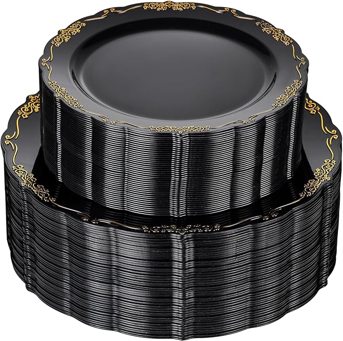 U-QE 100PCS Black and Gold Plastic Plates - Heavy Duty Black Disposable Plates Including 50PCS 10'' Dinner Plates & 50PCS 7.5'' Dessert Plates - Hard Plastic Plates for Party