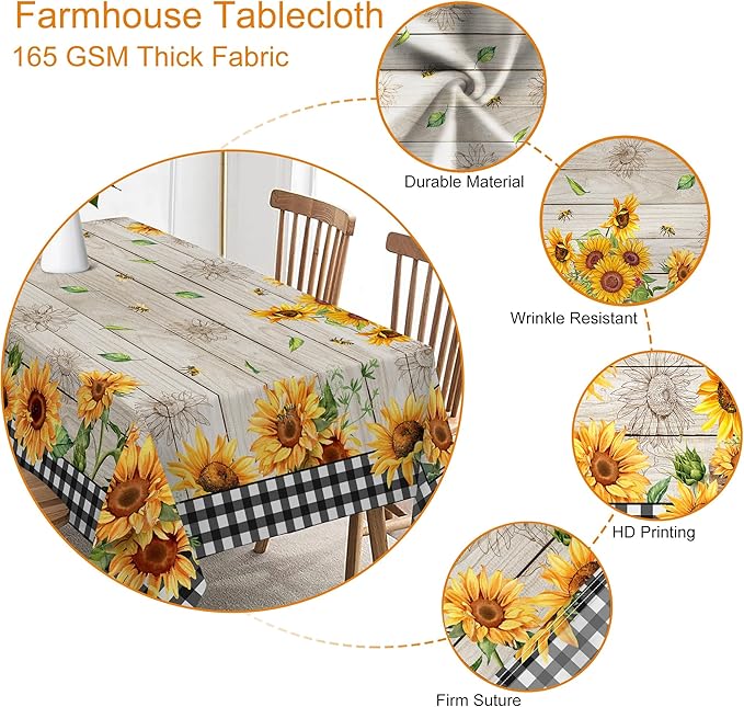 Sunflower Tablecloth 60 x 84 Inch Rectangle, Farmhouse Bee Decor Black White Buffalo Check Table Cloth for Party Dining Room