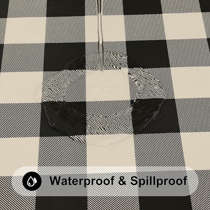 Smiry Rectangle Picnic Table Cloth, Elastic Waterproof Fitted Vinyl Tablecloths, Flannel Backed Buffalo Plaid Table Covers for Dining, Camping, Outdoor (Black and Beige, 30" x 96")