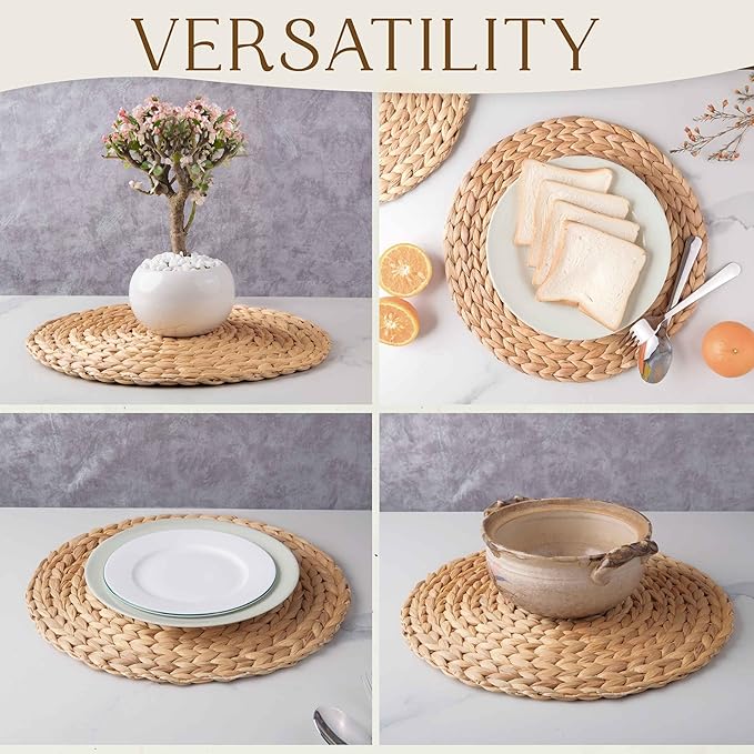 12" Water Hyacinth Woven Round Placemats Set of 6 - Wicker Boho Farmhouse Placemats - Rattan Table Mats for Dining Table, Wedding, Home