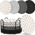 8 Pcs Drink Coasters with Holder, Handwoven Cotton Coasters Set Stackable Absorbent Minimalist Home Decor for Table, Cup, Mug (Black)