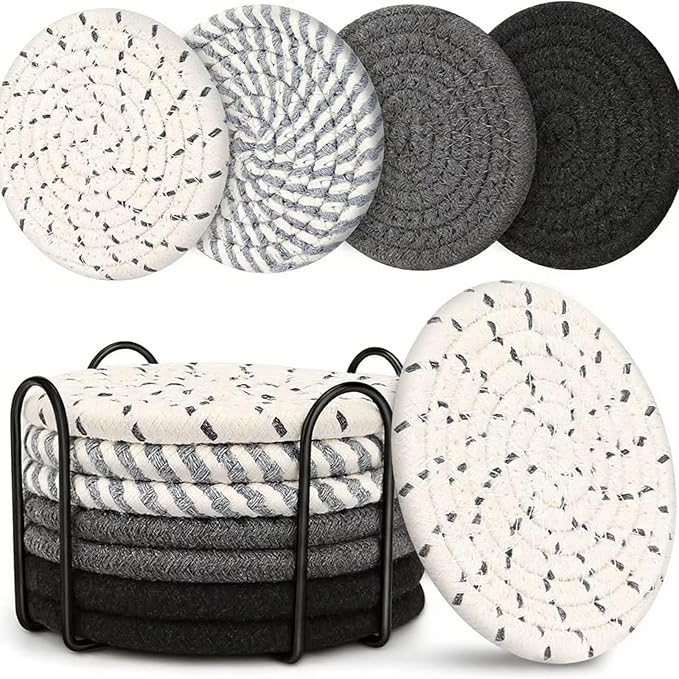 8 Pcs Drink Coasters with Holder, Handwoven Cotton Coasters Set Stackable Absorbent Minimalist Home Decor for Table, Cup, Mug (Black)