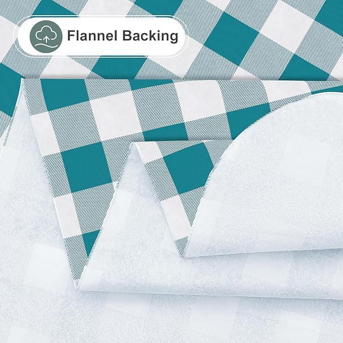 misaya Round Waterproof Vinyl Table Cloth, Buffalo Flannel Backed Tablecloth, Wipeable Plastic Table Cover for Dinner, Kitchen, Picnic (60", Turquoise and White)