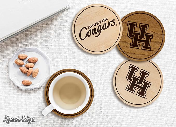 LazerEdge Houston Cougars Wooden Coaster Set - Maple Wood - Officially Licensed Product - 4-Pack