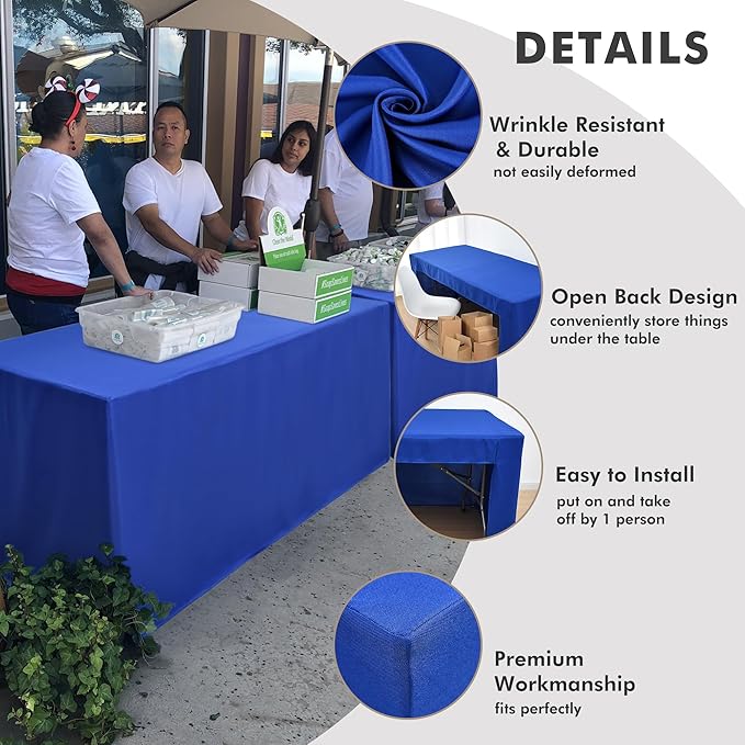 Nasitos 2 Pack Royal Blue 8ft Tablecloth Fitted-Open Back Folding Table Cover Washable and Wrinkle Resistant Rectangular Table Cloth for Trade Show, Book Fair, Career Fair, Convention, Events