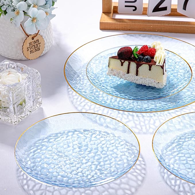 DaYammi 60PCS Blue Gold Plastic Plates - 10 inch Blue Plastic Dinner Plates - Hammer Pattern Design - Fancy Clear and Gold Disposable Plates Ideal for Wedding & Party