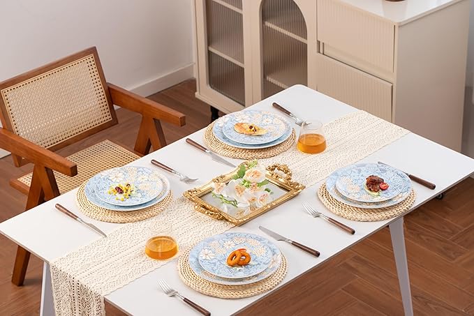 High Bone China Dinnerware Set, 12-Piece Artistic Blue Plates and Bowls, Lightweight & Chip Resistant Ceramic Service for 4, Dishwasher Safe Elegant Kitchen Dining