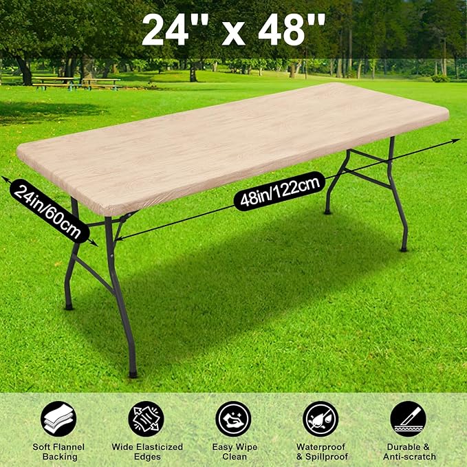 Smiry Rectangle Table Cloth Cover, Waterproof Elastic Fitted Picnic Tablecloth for 4 Foot Tables, Wipeable Flannel Backed Vinyl Tablecloths for Camping, Dining, Outdoor (Beige Wood, 24" x 48")
