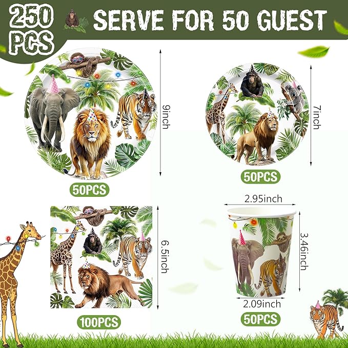 Pickmesh 250 Pcs Jungle Birthday Disposable Tableware Set Safari Animals Themed Disposable Paper Plates Napkins and Cups for Wild Animals Zoo Safari Baby Shower Birthday Wedding Party Supplies