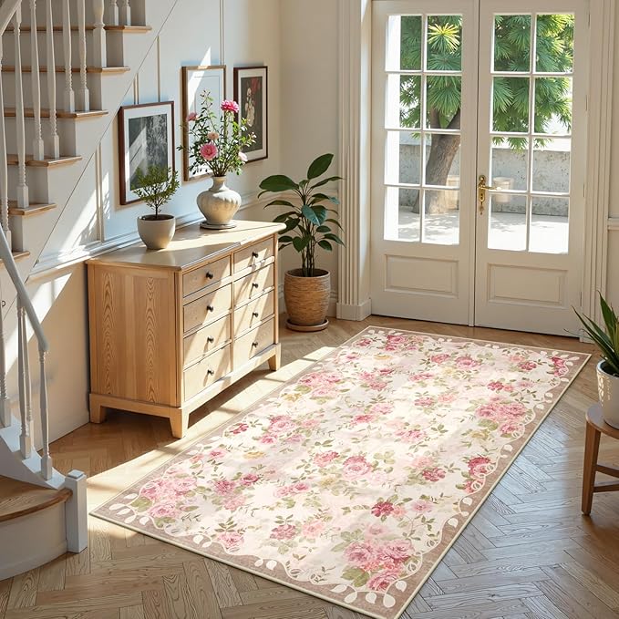 Lahome Floral Washable 3x5 Rug, Small Rugs for Bedroom Soft Non-Slip,Entry Way Rugs Indoor Low Pile Carpet for Nursery Kids Playroom Beige/Pink/Multi
