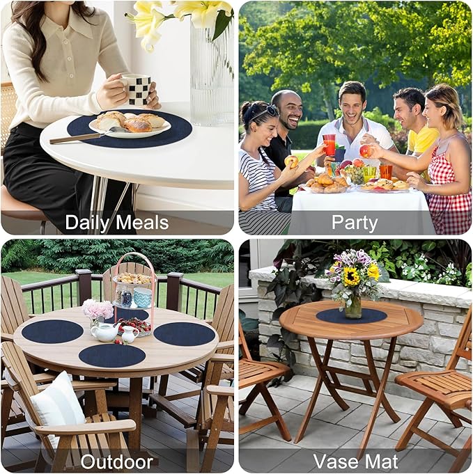 Homaxy Round Faux Leather Placemats and Coasters, Washable Dual-Side Table Mats, Wipeable Heat-Resistant Dining Place Mats for Outdoor and Indoor, Set of 8, Diameter 13 and 3.93 inch, Navy Blue