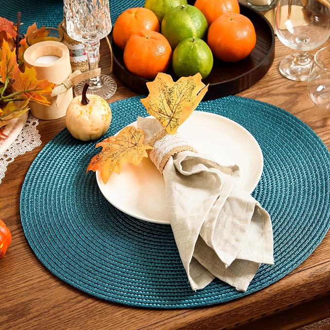 AHHFSMEI Round Braided Placemats 15 Inch Round Table Mats for Dining Tables Natural Woven Heat Resistant Place mats Set of 6 (Teal)