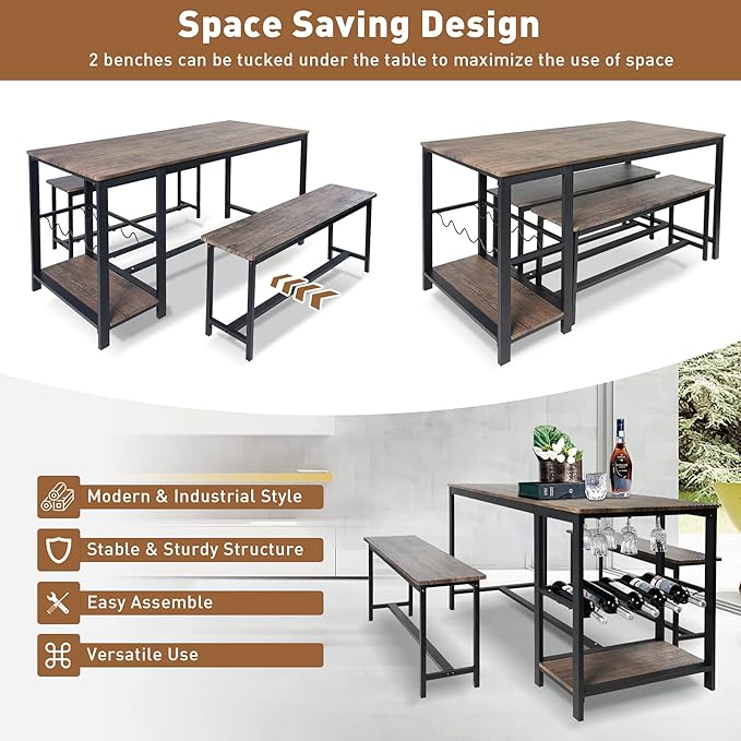 3 Piece Rustic Brown Rectangular Dining Table Set with Bench, 55''L x 25.2''W, Mid Century Modern Dining Set for Small Spaces, Compact with Storage Shelf Rack, Wine Rack