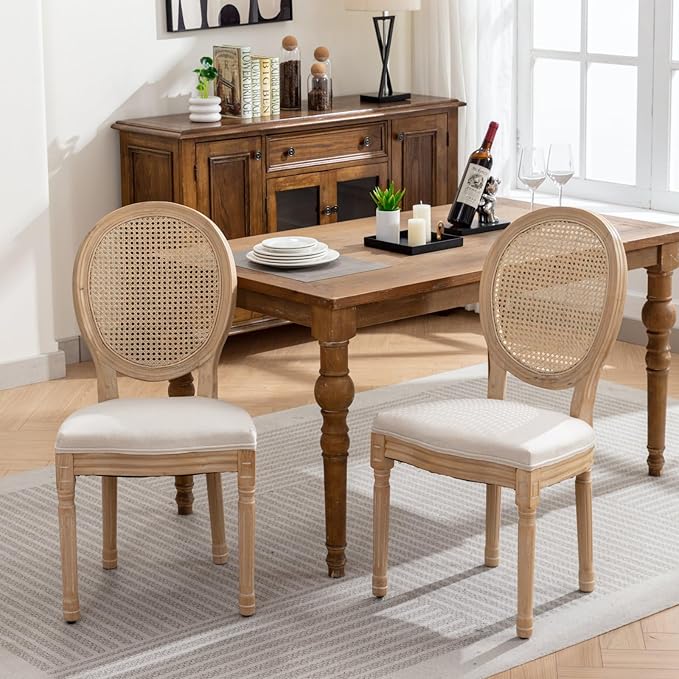 Vintage French Rattan Dining Chairs Set of 4, Solid Wood Frame with Round Rattan Back and Linen Upholstered Seat, Farmhouse Accent Sillas de Comedor Side Chairs for Dining Room & Kitchen, Beige