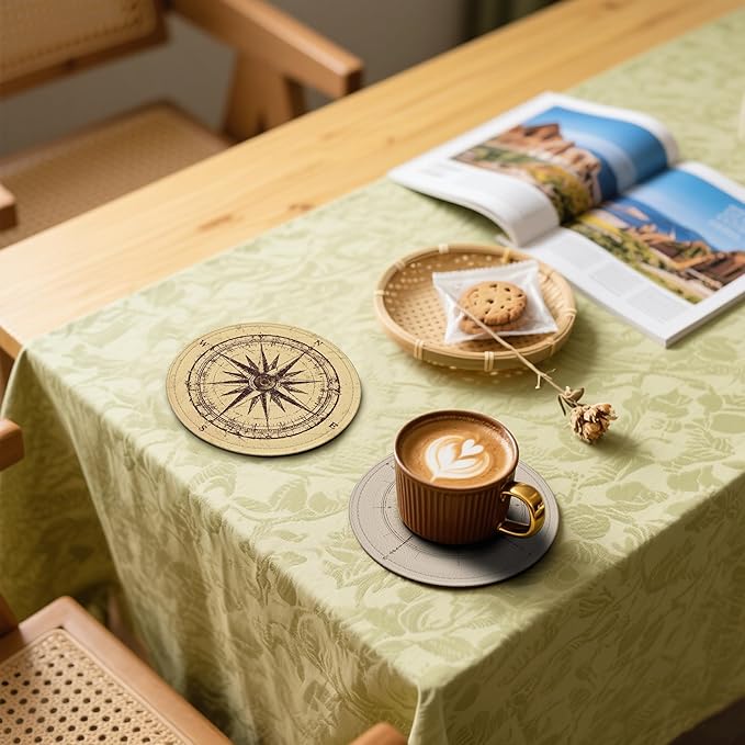 Compass Coasters Leather Round Drink Coasters 6 Pcs Set with Holderor for Cup Drink Coffee Table Bar Home Decor