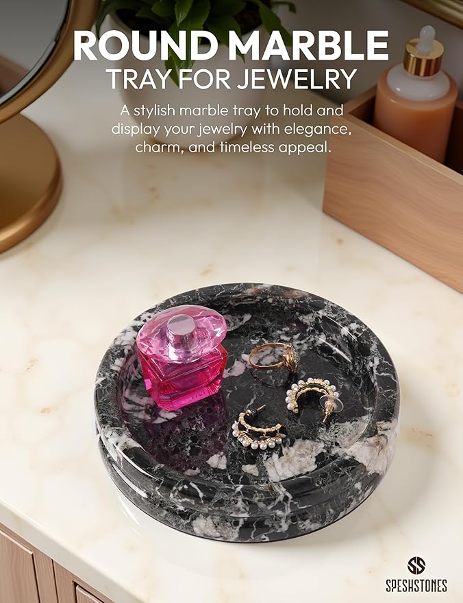 Marble Jewelry Dish 5 Inch Handmade Black Small Trinket Dish, Necklace & Ring Holder for Vanity Decor Accessories, Candle Plate, Key Bowl & Perfume Organzier, Gifts for Women