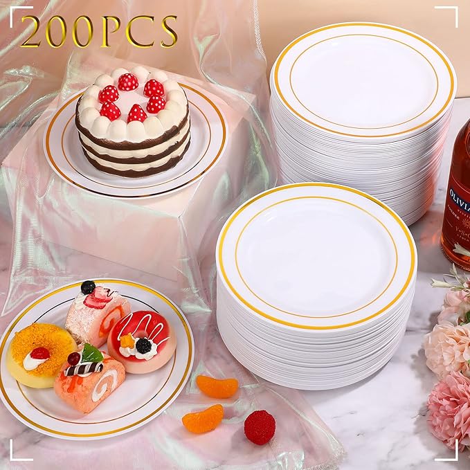 Sieral 200 Pieces Disposable Plates Plastic Party Plates with Rim Hard Plastic Appetizer Salad Dessert 7.5 Inch Elegant Heavy Duty Tableware for Dinner Wedding Party Supplies(Gold Rim)