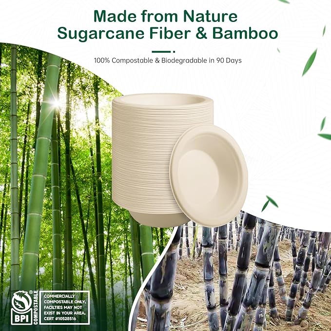 𝟯𝟮 𝗼𝘇, 𝟲𝟴-𝗣𝗮𝗰𝗸 Compostable Paper Bowls, Heavy-Duty Biodegradable Disposable Bowls Made from Bagasse, Eco-Friendly, Microwave & Freezer Safe (Natural)