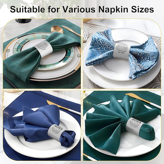 Christmas Napkin Rings Set of 50, 2 Colors in 1, Reusable Adjustable Napkin Bands for Holiday Parties, Wedding, Thanksgiving Table Decor, Waterproof Tear-Proof (Silver) Great Gift Idea