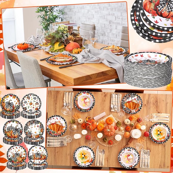 60 Pcs 7 Inch Fall Pumpkin Paper Plates Thanksgiving Black Buffalo Plaid Plates Decorations Orange Pumpkin Leaves Tableware for Thanksgiving Autumn Harvest Birthday Farmhouse Party Supplies