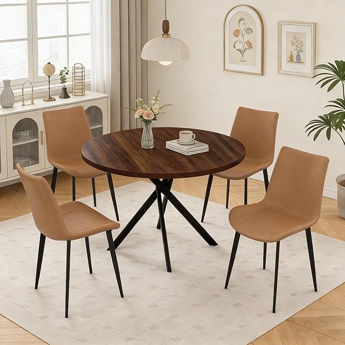 44" Round Dining Table with Chair Set for 4, Modern Mid-Century Dining Table Set of 4, Cozy Dinette Sets with Metal Leg for Kitchen Dining Room Apartment(Walnut Table + Brown Chairs)