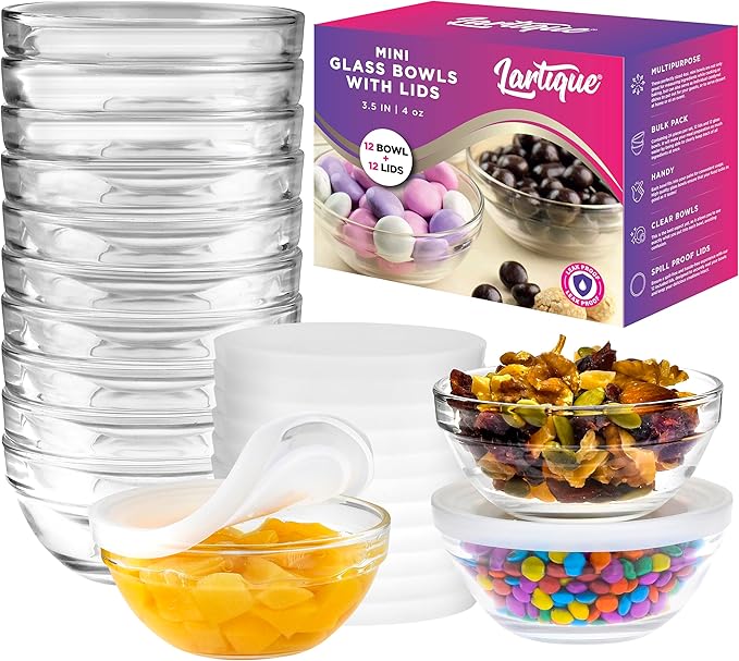 Mini 3.5 Inch Small Glass Bowls with Lids - Small Bowls Perfect for Prep, Dips, Nuts, or Candy - Meal Prep Bowls or Dessert Bowls, Set of 12