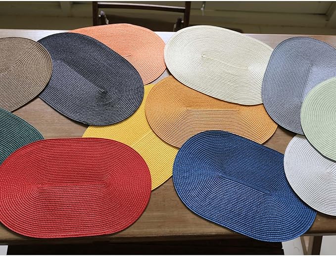 FunWheat Oval Braided Placemats Set of 4 Table Mats for Dining Tables Washable Heat Resistant Place Mats for Indoor Outdoor Use 12 x18 Inch(Oval Pumpkin Yellow, 4pcs)