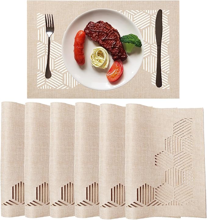 Decorative Placemats Set of 6 for Dining Table, Cloth Placemats with Hollow Design Table Cloth Set, Table Mats for Dining Table 12"x18" Sand