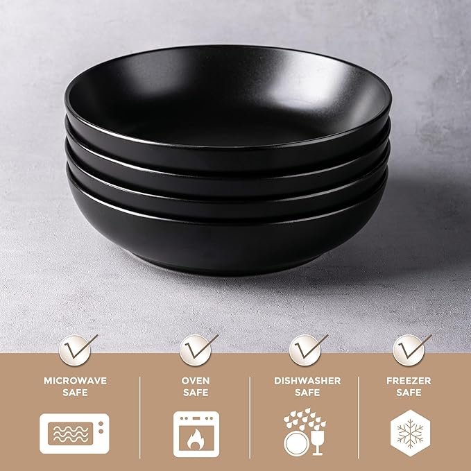 AmorArc 8.5 Inch Stoneware Pasta Bowls, 32oz Large Bowls Set of 4 for Kitchen, Wide Bowls for Pasta,Salad,Oatmeal, Microwave&Dishwasher Safe, Matte Black