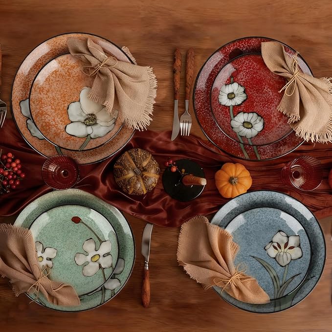 Ceramic Salad Plates Set of 4, 8.2 Inch Underglaze Painting Dessert Plates, Appetizer Plates-Microwave, Oven and Dishwasher Safe, Scratch Resistant