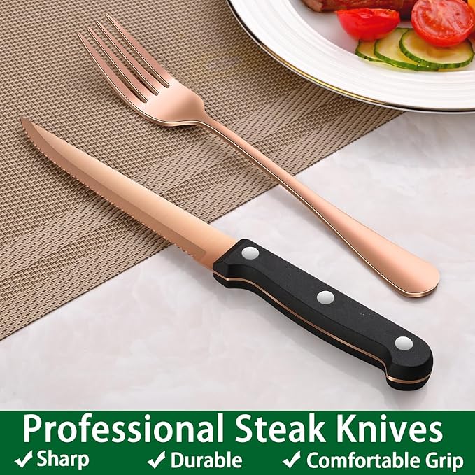 49-Piece Rose Gold Stainless Steel Silverware Sets With Organizer And Steak Knives Service For 8,Includes Knife Spoon And Fork Untensils Sets,Flatware Sets With Cutlery Tray