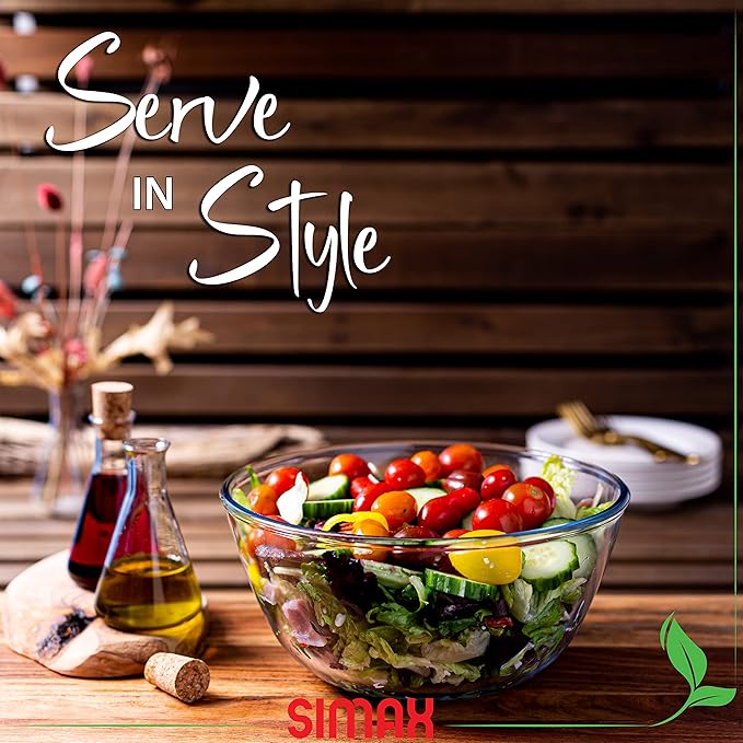 SIMAX 2.6 Quart Glass Mixing Bowl, Large Microwave & Oven Safe Bowl, Borosilicate Serving Bowl for Kitchen, Cooking, Baking, Salad - Clear