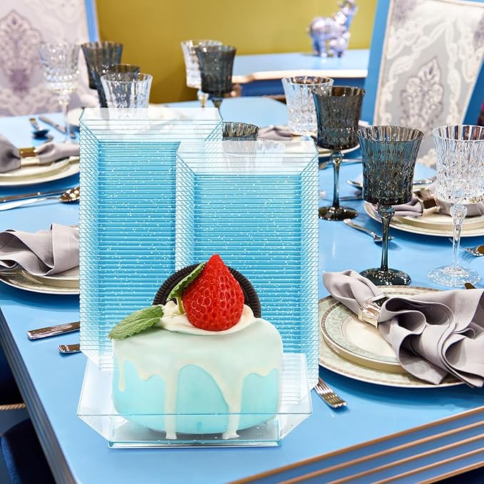 Zhehao 100 Pcs Plastic Dessert Appetizer Plates Disposable, 3.6 x 3.6 Inch Small Square Plastic Dessert Cake Plate for Party, Valentine's Day Wedding Birthday Bridal Baby Shower Supplies (Blue Clear)