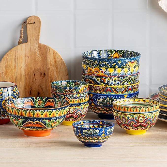 Henten Home Ceramic Soup Bowls Set of 6, Bohemia 22 oz Cereal Bowls Set, Porcelain Serving Bowls for Oatmeal, Salad, Pasta, Fruit, Decorative, Microwave & Dishwasher Safe