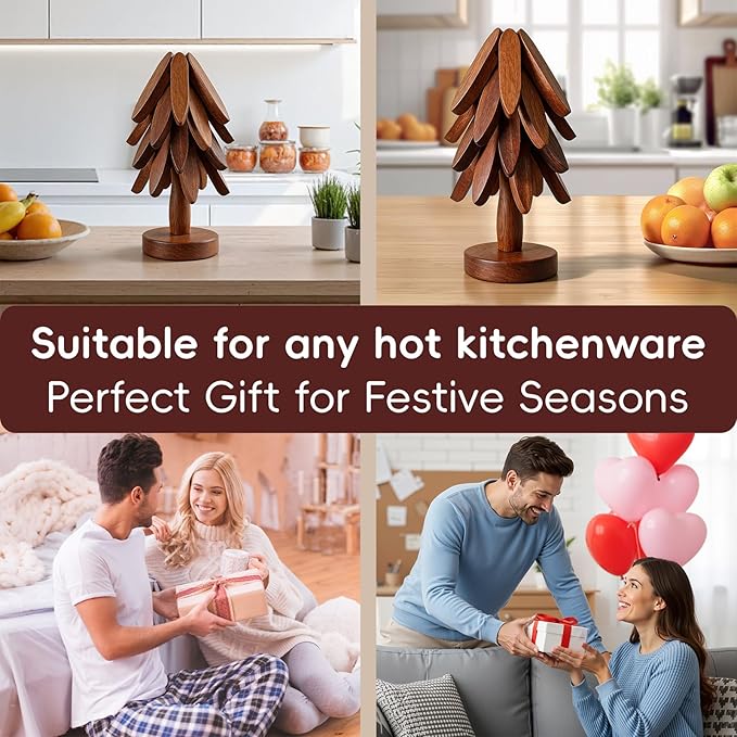 Wooden Trivets for Hot Dishes, Wooden Tree Trivet Set, Natural Tree Trivet Set - Foldable Coasters for Kitchen Counter, Hot Pots and Pans, Heat Resistant Table Protectors