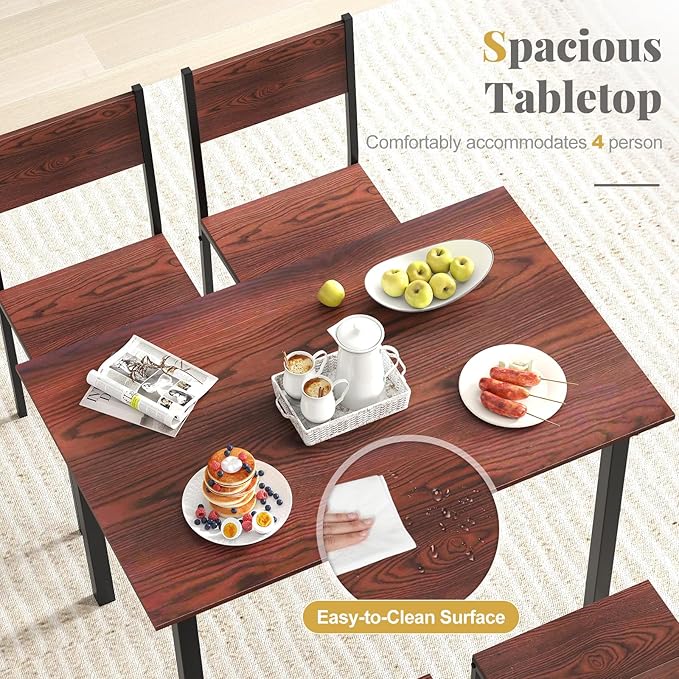 COSTWAY Dining Table Set for 4, Rectangular Kitchen Table and Chairs Set with Backrest, Metal Frame, Space-Saving Dinette Set, Breakfast Nook Table Set for Small Space, Apartment, Dorm (Walnut)