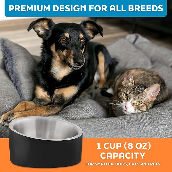 Master Pet Supply Stainless Steel Slanted Dog Cat Food Bowl - 8 oz Heavy Duty - Black Velvet, Double Wall Insulated, Non-Slip Elevated Bowl for French Bulldogs Pugs Cats, Anti Rust Dishwasher Safe