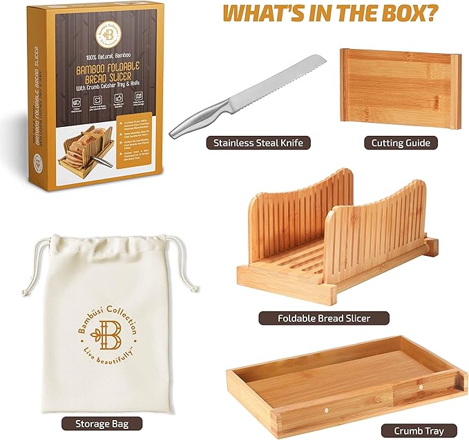 Bread Slicer for Homemade Bread - Adjustable Bamboo Bread Cutter with Knife, Foldable Slicing Guide & Crumb Tray - Bread Loaf Slicer for Sourdough, Cakes, Bagels, Loaves - Kitchen Gadgets Baking Gifts