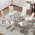 47.2" Round Glass Dining Table Set for 6, Modern 7 Piece Kitchen Table Set with Silver Stainless Steel Base & 6 PU Leather Accent Chairs, Saving Space, Dining Set for Apartment, Home - White Chair