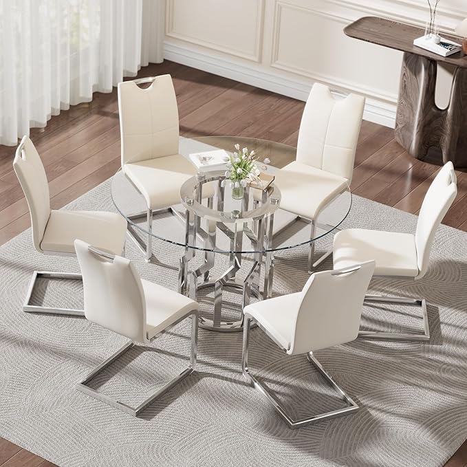 47.2" Round Glass Dining Table Set for 6, Modern 7 Piece Kitchen Table Set with Silver Stainless Steel Base & 6 PU Leather Accent Chairs, Saving Space, Dining Set for Apartment, Home - White Chair