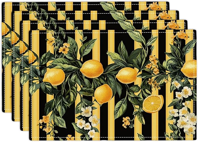 Lemon Placemats Set of 4, Yellow Lemon Place Mats, Fruit Waterproof Washable Table Mats for Home Party Indoor Kitchen Dining Table Decoration 12x18 Inch