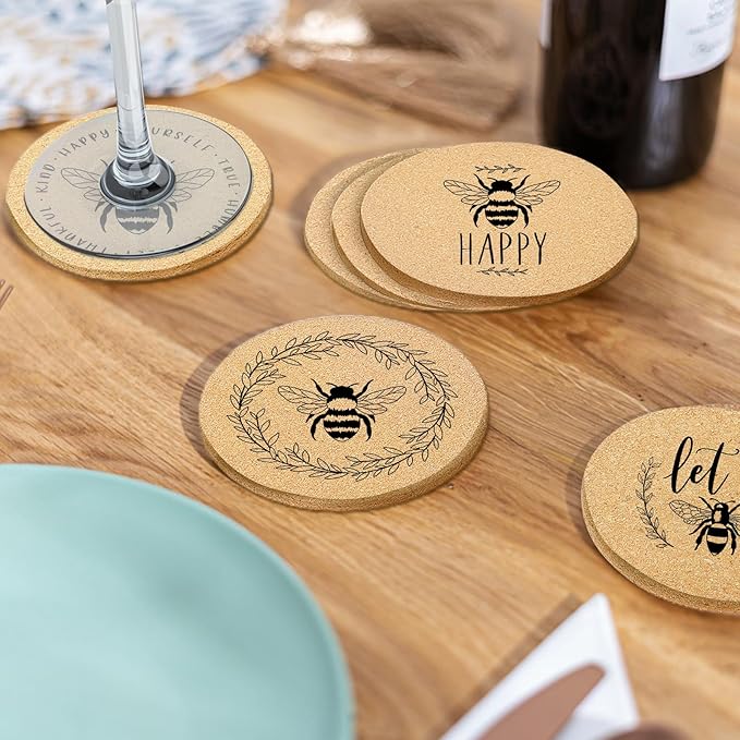 Coasters for Drinks with Holder Set of 6, Bee Coaster Absorbent Cork Wood for Cup Desk Office Table Kitchen Decor House Warming Gifts for New Home Couples, Round 4"
