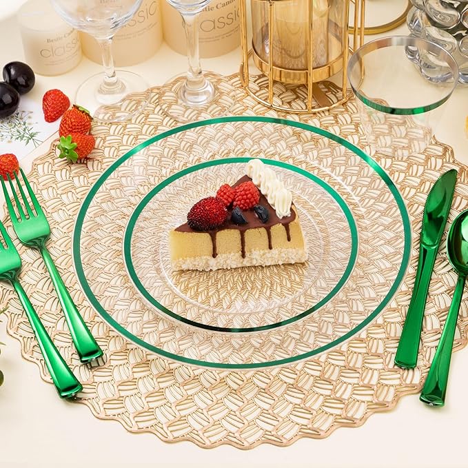 BESTSTAR 200PCS Green and Clear Plastic Plates, Green Disposable Plate Set with 100 Dinner Plates and 100 Dessert Plate for Party, St. Patrick's Day