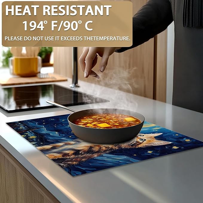 Set of 6 Washable Cute Cat Placemats Non-Slip Heat-Resistant12x18 Inch Thick Decorative Van Gogh Starry NightLinen Table Mats for Dining Table Home Décor