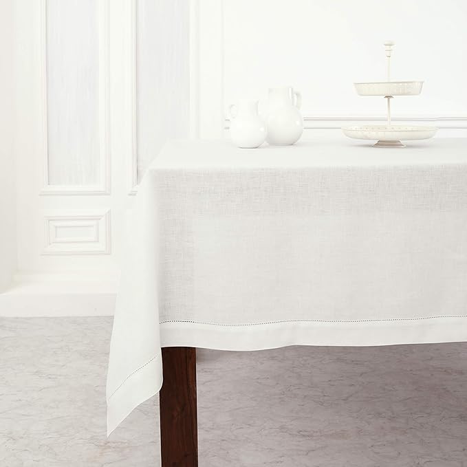 Solino Home Linen Tablecloth for Rectangle Tables 60 x 140 Inch - Classic Hemstitch 100% Pure Linen White Table Cloth - Machine Washable Cloth Tablecloth for Winter, Valentines, Spring, Easter