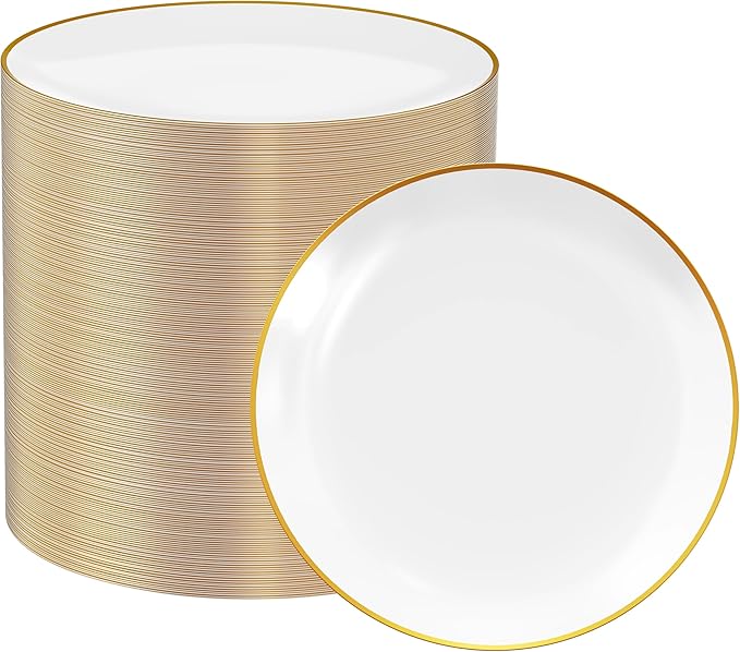 FOCUSLINE 100 Count Gold Plastic Plates 7 Inch, Disposable Heavy Duty Salad Dessert Plates, Premium Hard Plastic Plate Disposable with Gold Rim for Wedding Parties