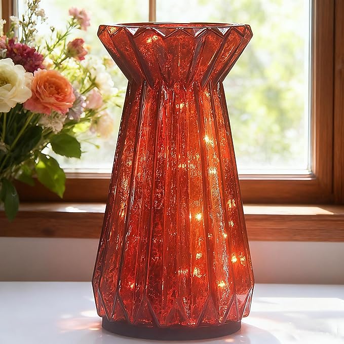 Home Decor, Mercury Glass Pillar Candle Pedestal Holders with 10 Led Lights, Lighted up Candle Holders for Pillar Candle, Glass Candlestick Holders with Timer for Wedding Home Dining Table Xmas (Red)