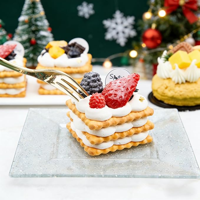 supernal 200pcs Square Plastic Dessert Plates-100pcs Gold Dessert Forks,100pcs 6inch ClearDessert Plates,cocktail plates, Clear Appetizer Plates for Pary Birthday Afternoon tea